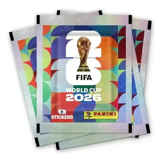 Sobre oficial Panini FIFA World Cup 2026 — 7 figuritas, trophy y branding FIFA 26